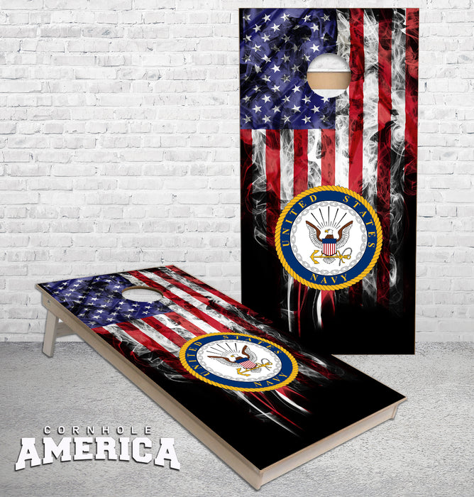 US Navy with smokey US Flag cornhole boards