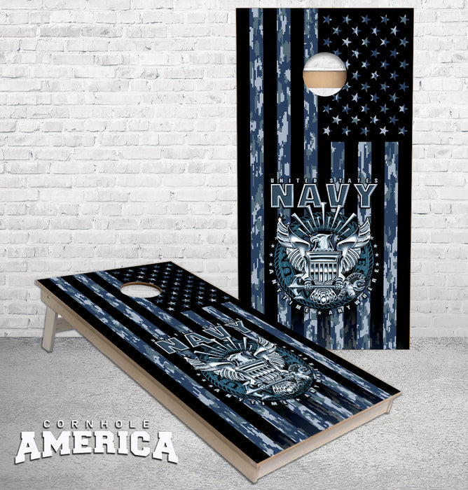 US Navy Camo Flag with logo cornhole boards