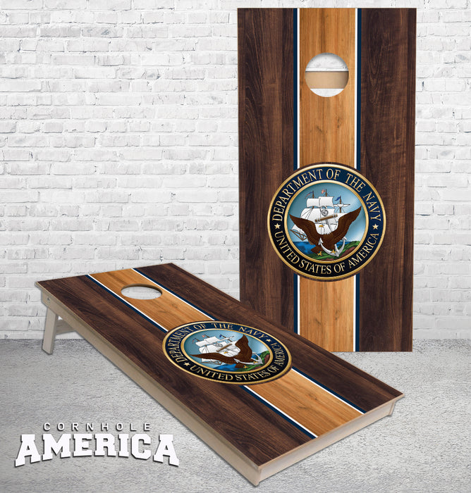 US Navy Emblem on Wooden striped theme cornhole boards