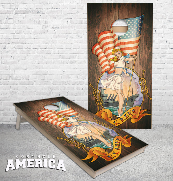 US Navy weathered wood Pin up Girl US Flag cornhole boards