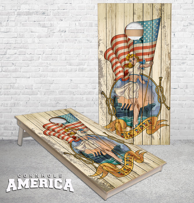 US Navy weathered wood Pin up Girl US Flag cornhole boards