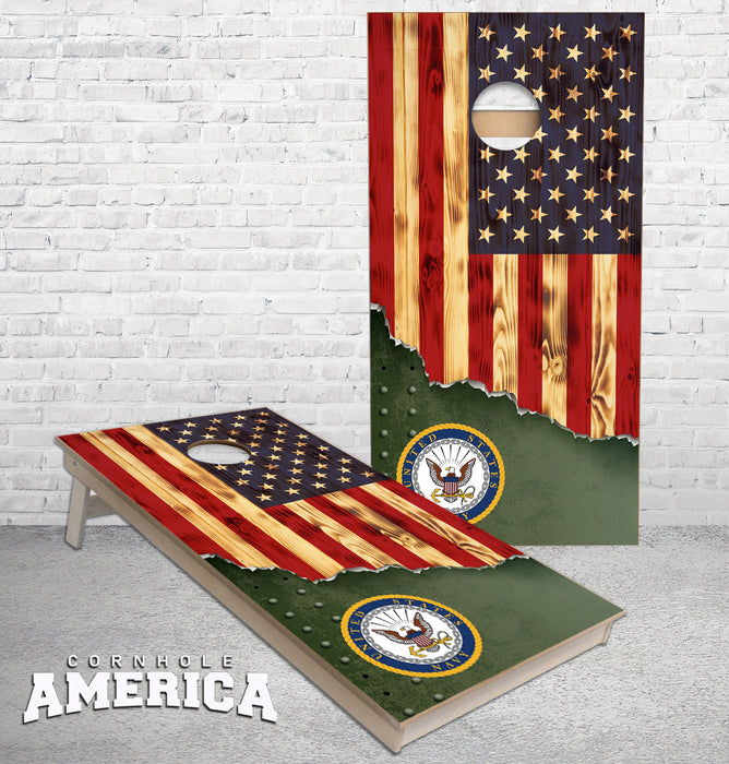 US Navy Torn Metal with burnt wood us flag cornhole boards