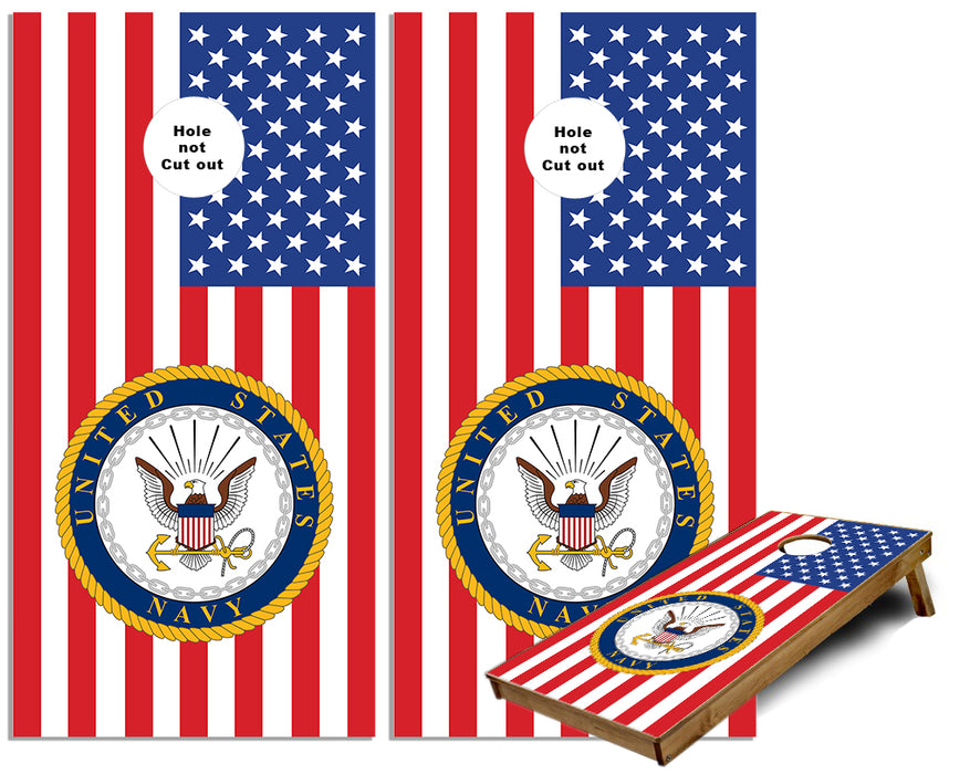 United States Navy logo on US flag cornhole wraps