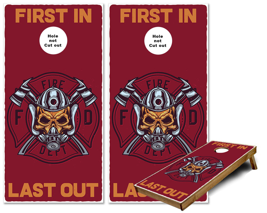 First In Last Out Fire Fighter Cornhole wraps