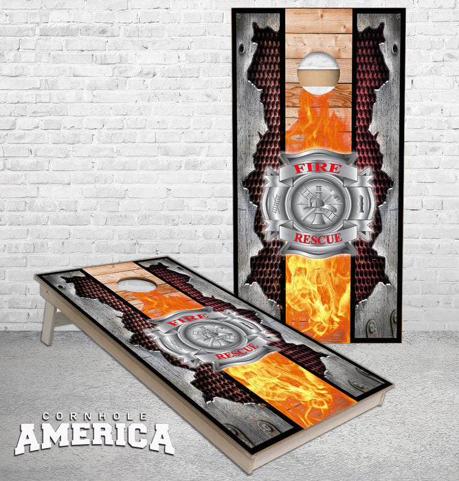 Fire Rescue Maltese cross with torn metal edges Cornhole Boards