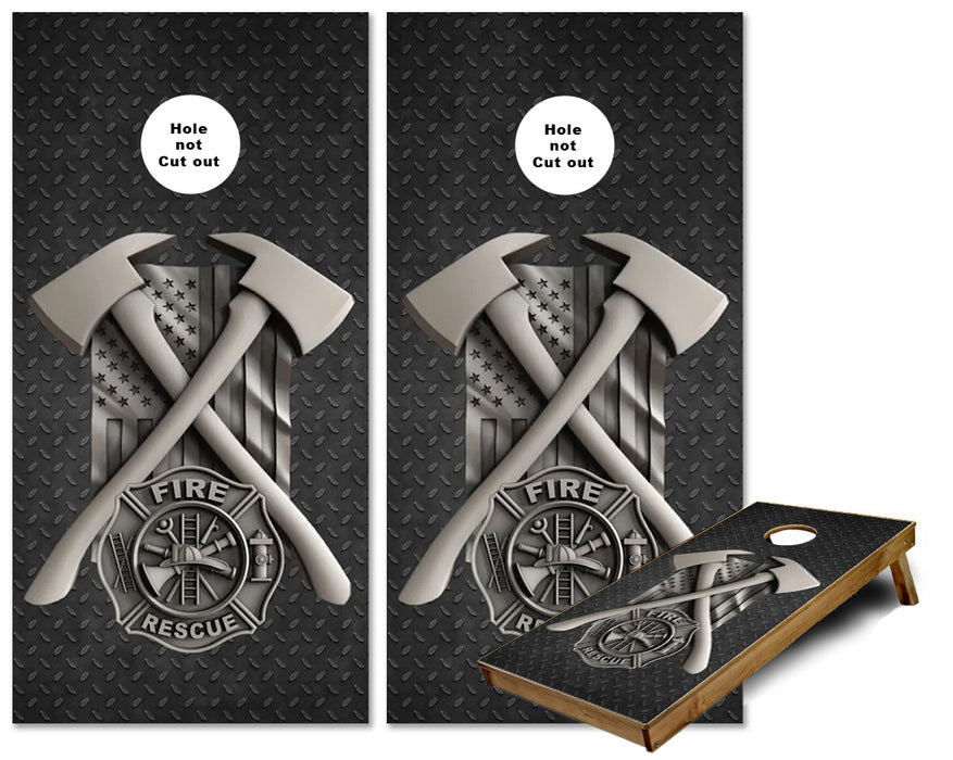 Fire Rescue Axes and flag on diamond plate cornhole wraps