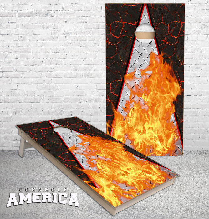 Lava and Fire Triangle theme cornhole boards