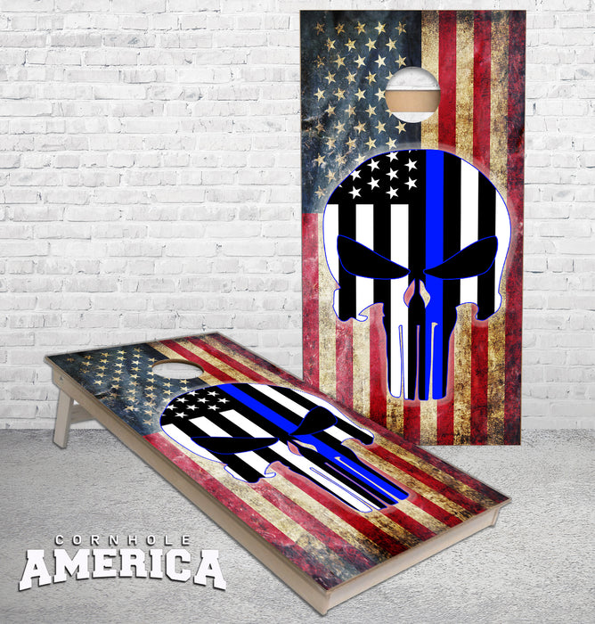 Punisher Blue Line USA Flag Grunge cornhole boards