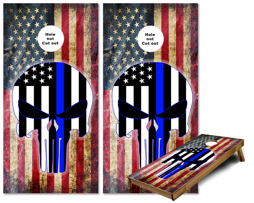 Punisher Blue Line USA Flag Grunge cornhole wraps