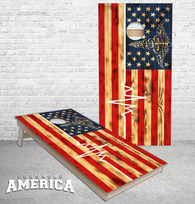 USA Rustic American Flag Medical Heartbeat cornhole boards