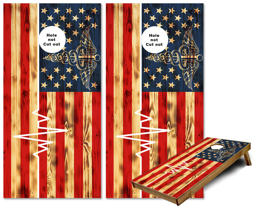 USA Rustic American Flag Medical Heartbeat cornhole wraps