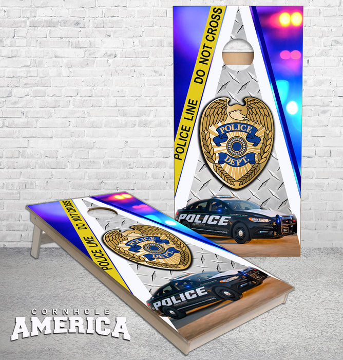 Police Officer Badge Car and Police line do not cross cornhole boards