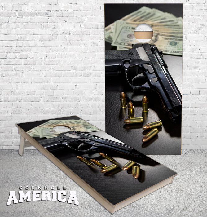 Handgun Ammo and Money cornhole boards