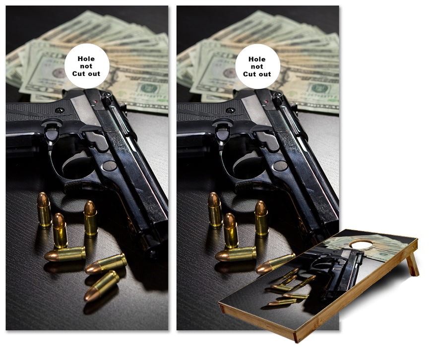 Handgun Ammo and Money cornhole wraps