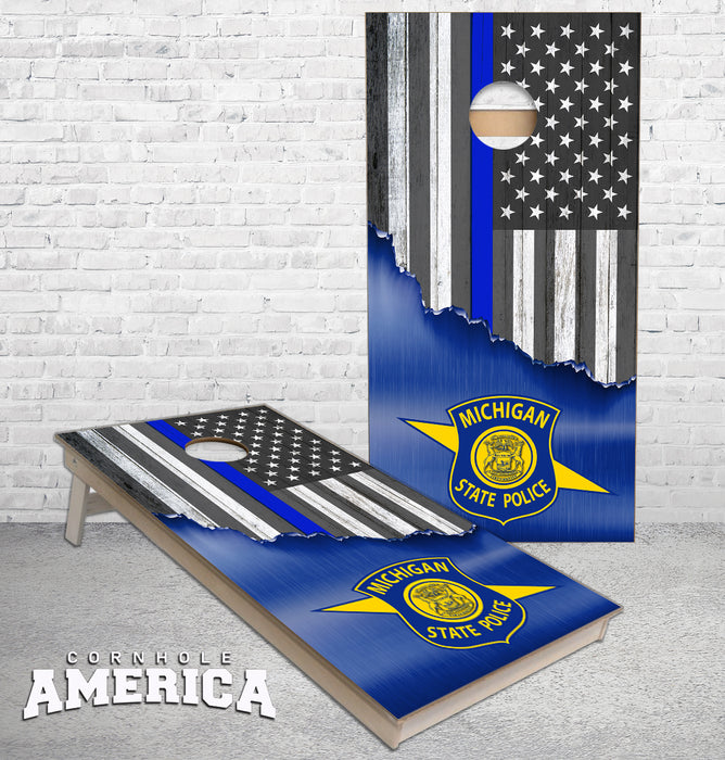 Michigan State Police Jagged Thin blue Line cornhole boards