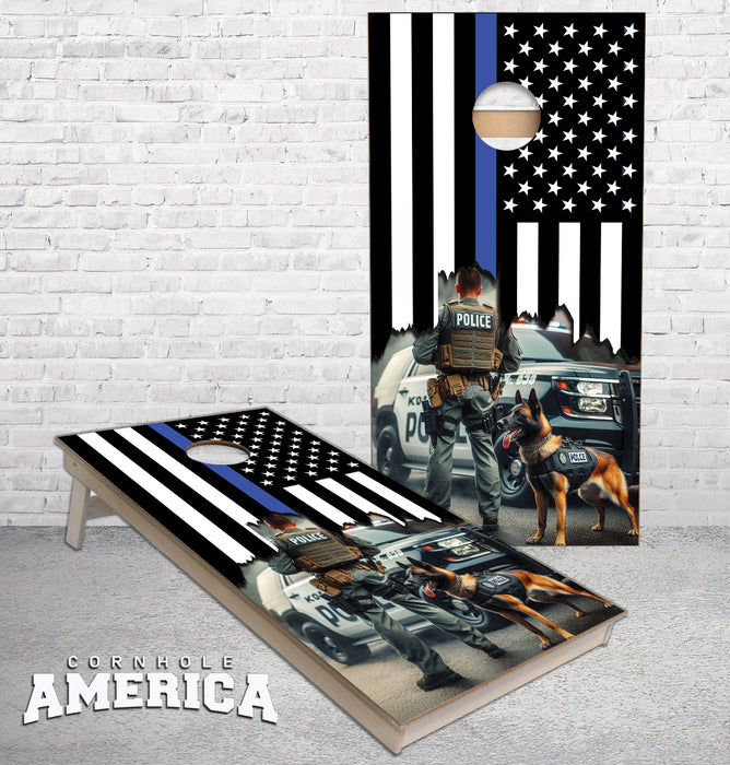 Jagged Thin Blue Line flag with Police K-9 Dog cornhole boards