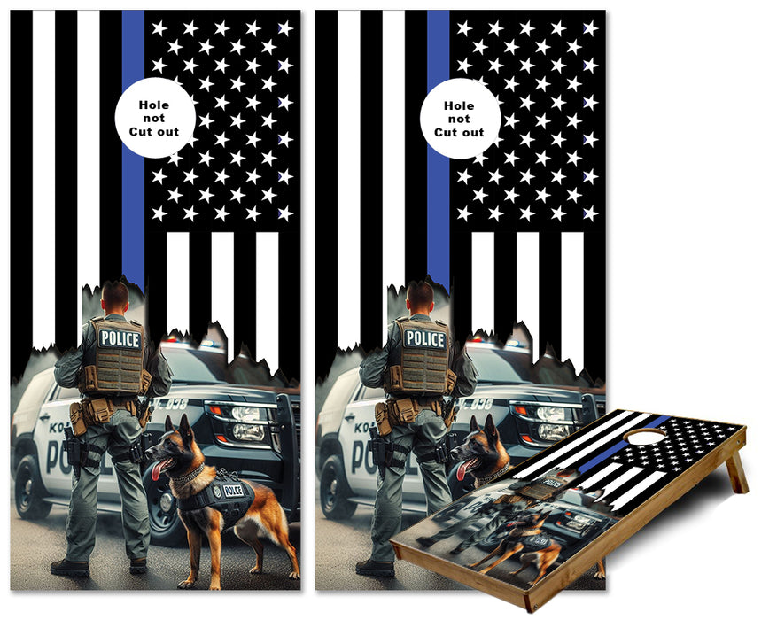 Jagged Thin Blue Line flag with Police K-9 Dog cornhole wraps