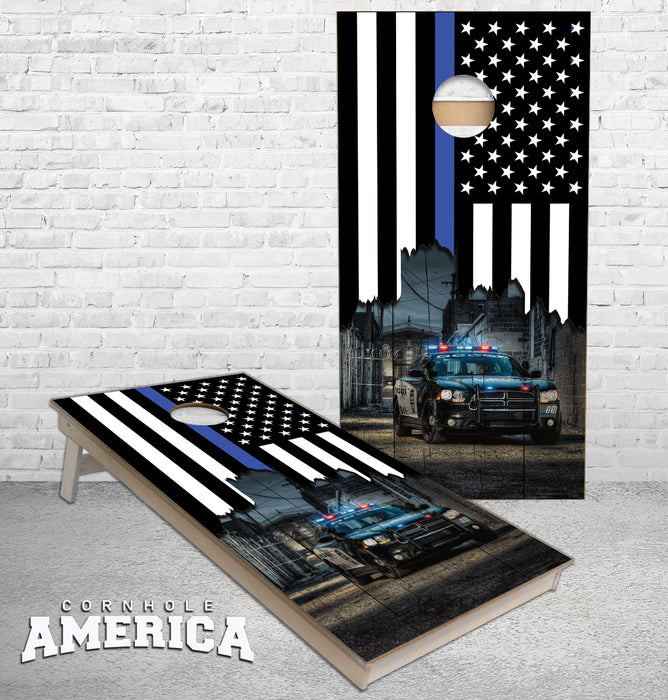 Jagged Thin Blue Line flag with Police car in the alley cornhole boards