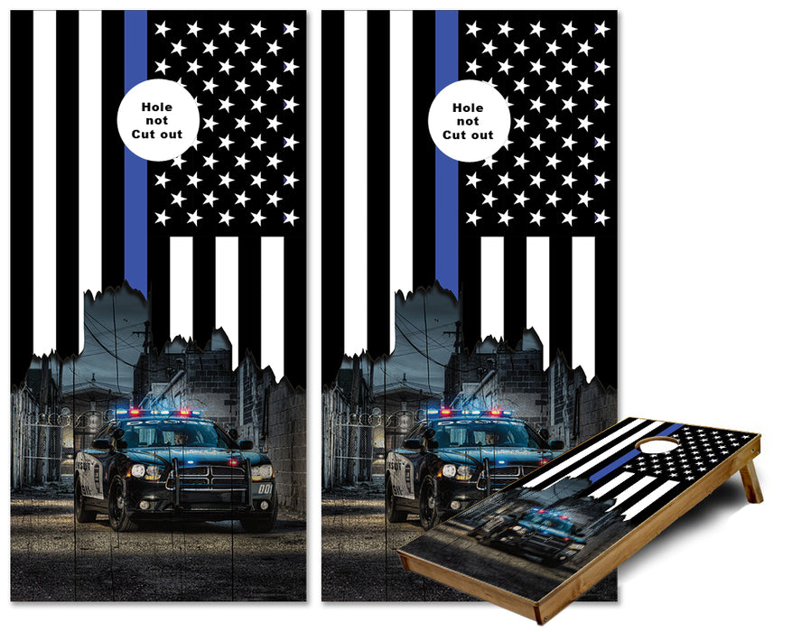 Jagged Thin Blue Line flag with Police car in the alley cornhole wraps