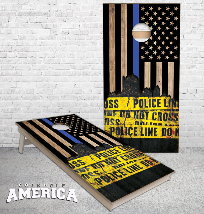 Jagged Thin Blue Line flag with Police Line Do NOT Cross cornhole boards