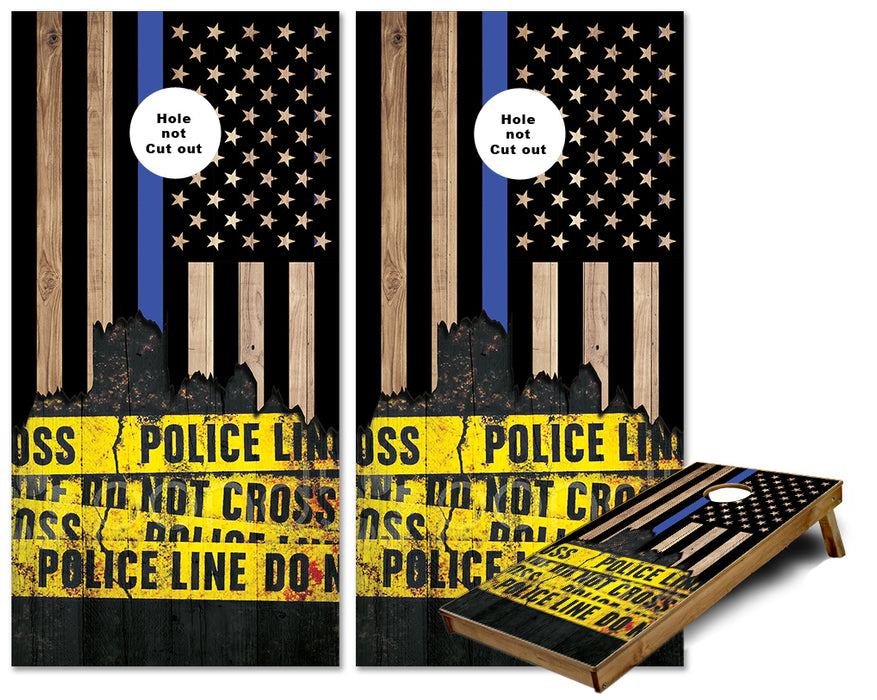 Jagged Thin Blue Line flag with Police Line Do NOT Cross cornhole wraps