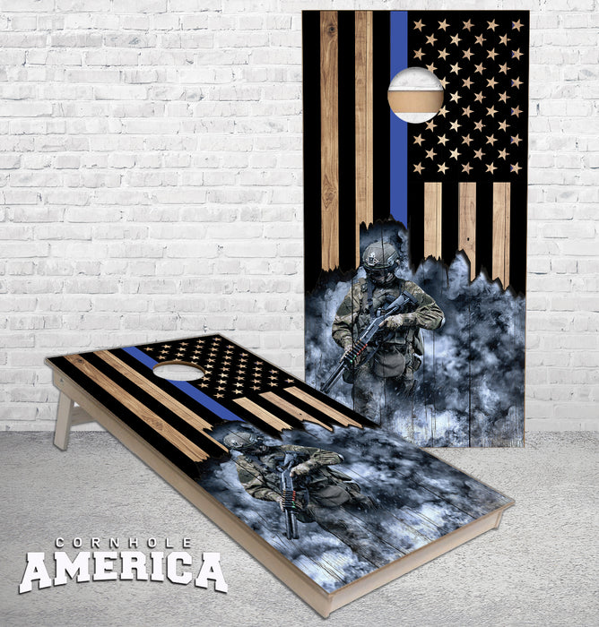 Jagged Thin Blue Line flag with armed Police officer cornhole boards