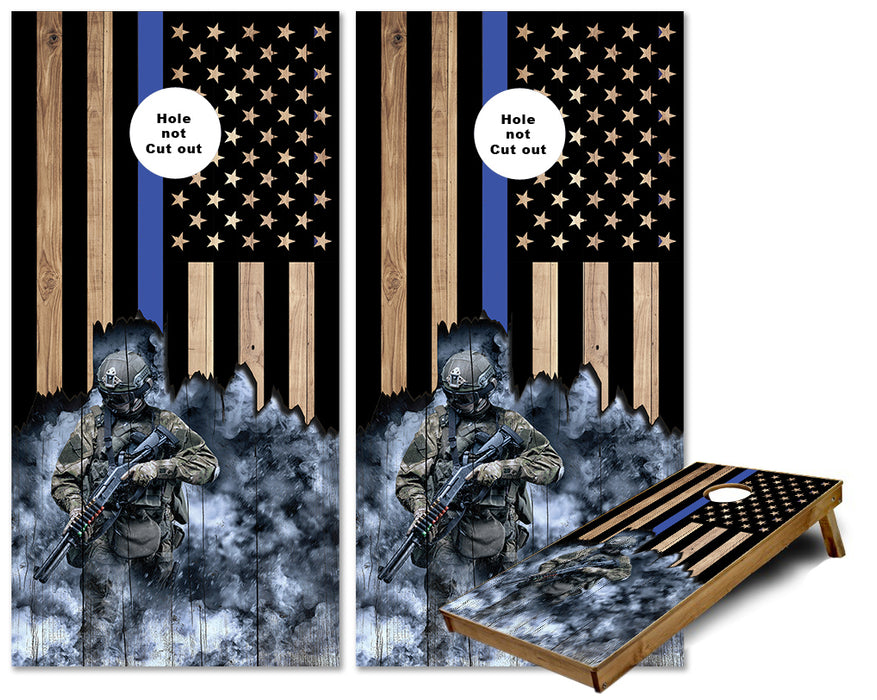 Jagged Thin Blue Line flag with armed Police officer cornhole wraps