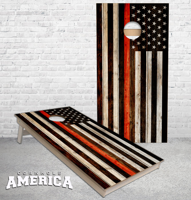 Thin Red Line US Flag on rustic wood cornhole boards