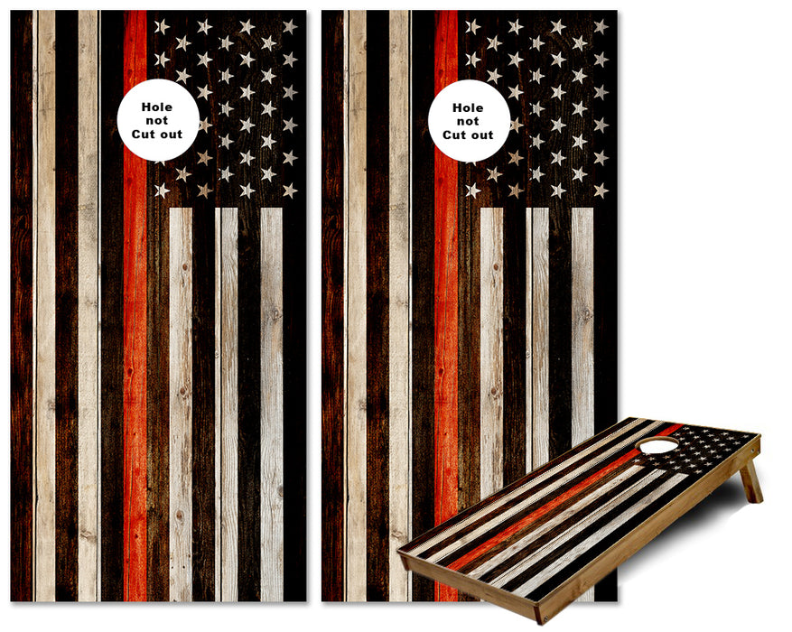 Thin Red Line US Flag on rustic wood cornhole wraps