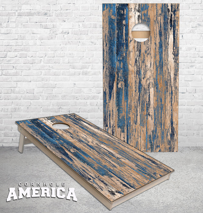 Weathered Wood with scraped blue paint Cornhole Boards