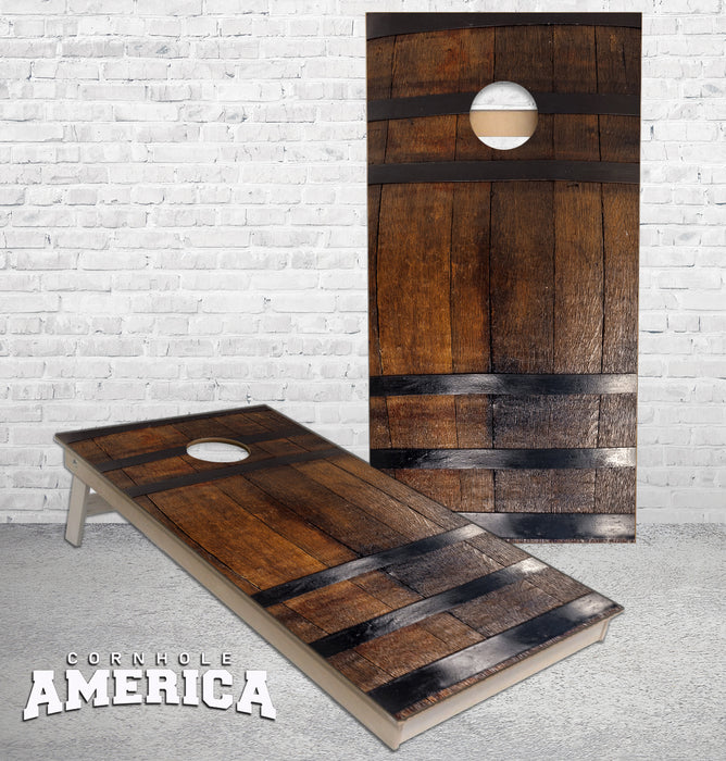 Whiskey Barrel Wood with metal straps cornhole boards