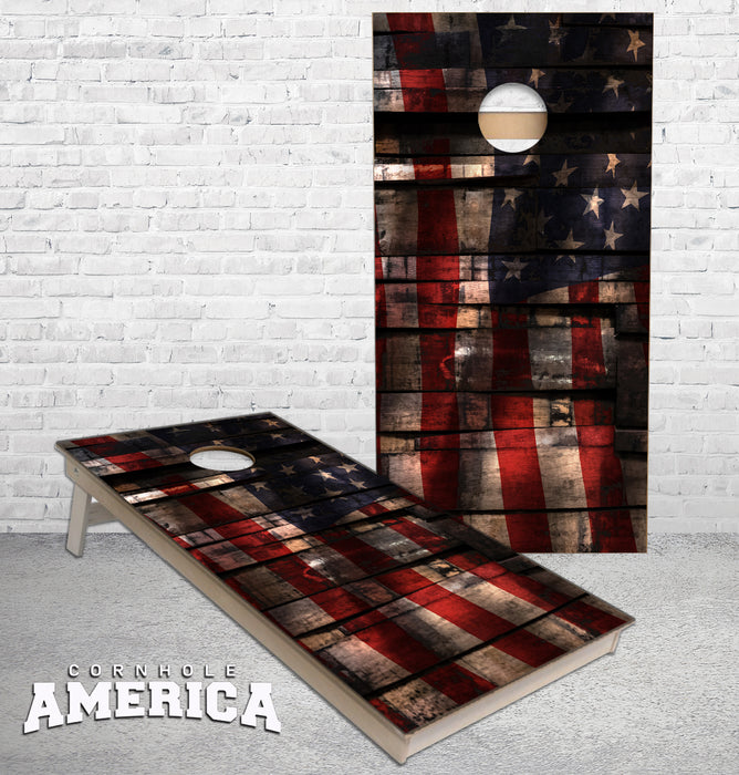 Whiskey Barrel wood with US American Flag embedded cornhole boards