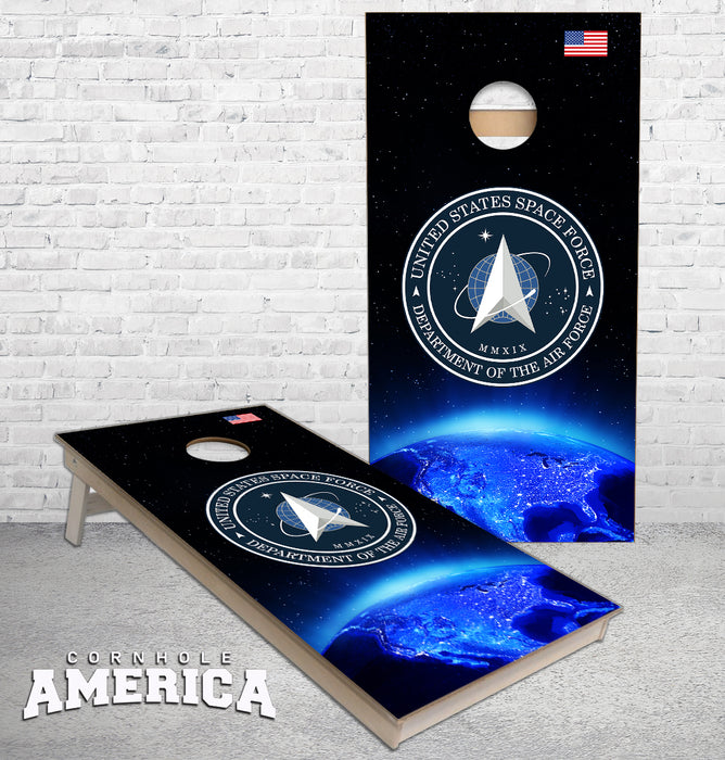 United States Space Force overlooking earth cornhole boards