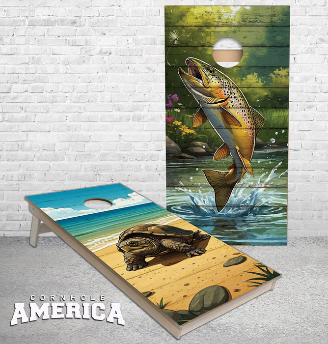 Brown Trout and Snapping Turtle cornhole boards