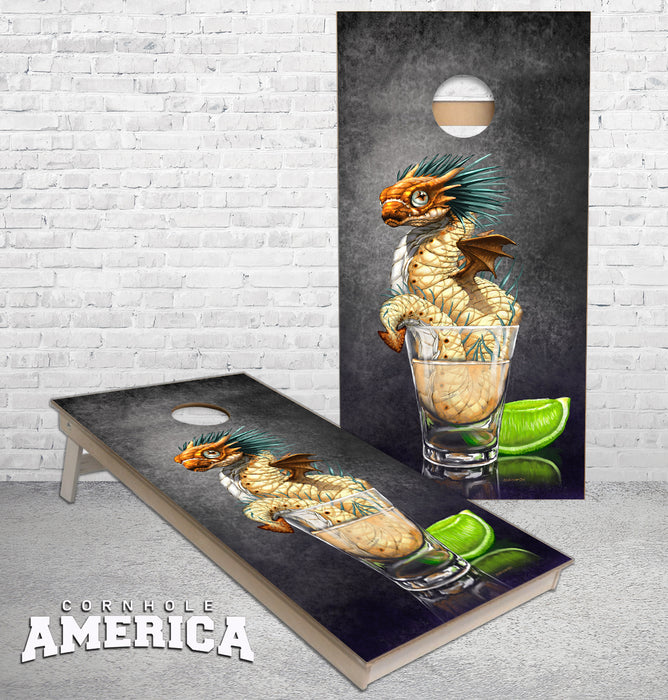 Tequila Worm Dragon and Drink Art by Stanley Morrison Cornhole Boards