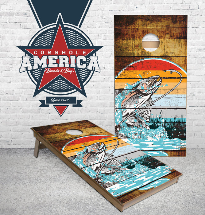 Trout Jumping rustic wood design cornhole boards