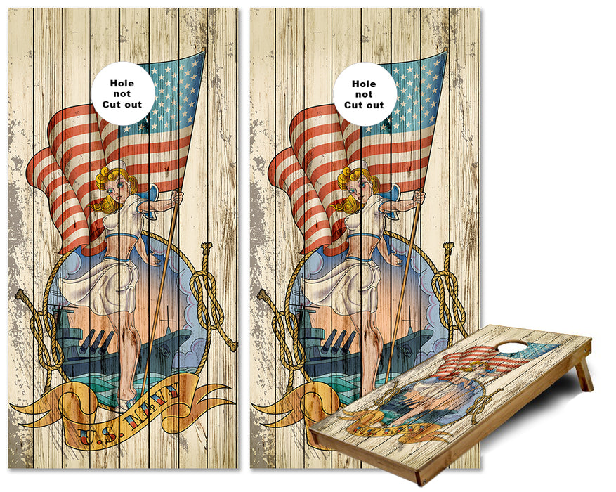 United States Navy Weathered wood Pin up Girl design cornhole wraps