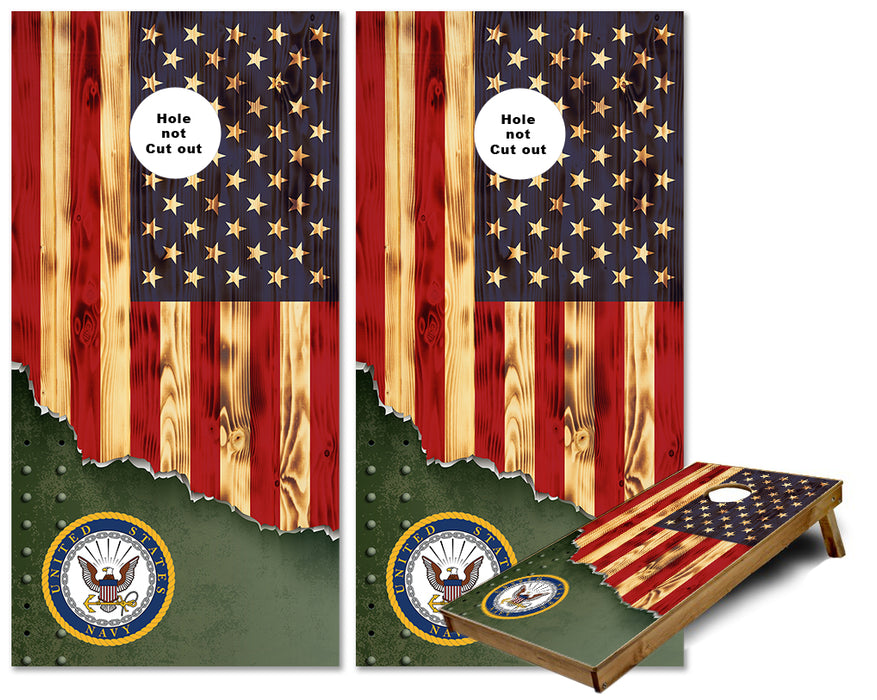 United States Navy Torn Metal with Burnt wood US Flag cornhole wraps