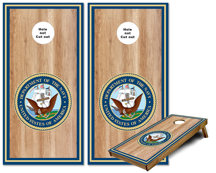 United States Navy emblem on traditional wood sports stripe cornhole wraps