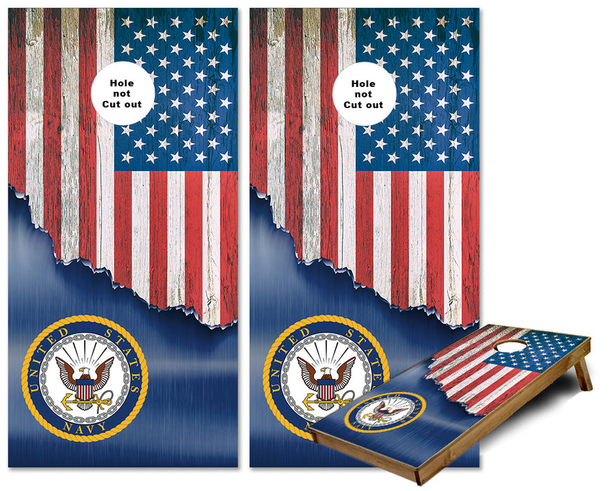 United States Navy Torn Metal on US Flag cornhole wraps