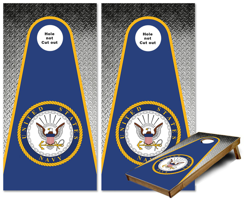 United States Navy Emblem on rounded triangle theme cornhole wraps