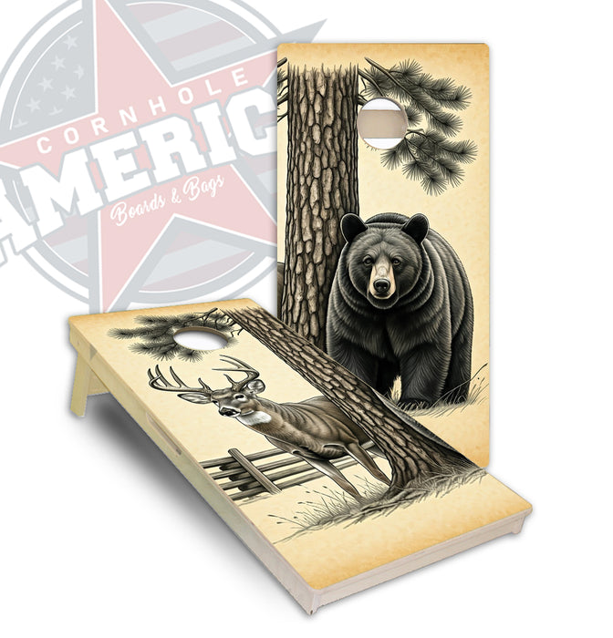 White Tail buck and Black Bear Pen Drawing cornhole boards