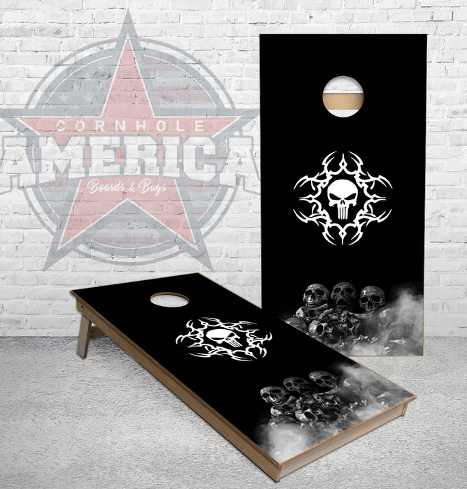 Skulls piled up in smoke with skull logo custom Cornhole Boards