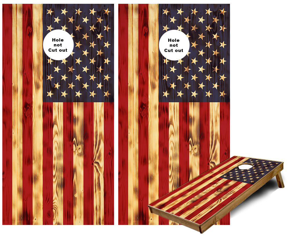 American Flag burned wood look Cornhole Wraps — Cornhole America